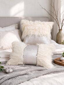 1pc Cream Faux Fur Pillowcase, Silver Sequin Patchwork Design, Modern Nordic Home Decor Cushion Cover, Suitable For Sofa, Bedroom, Living Room, Luxury Bohemian Home Decor, Pillow Insert Not Included - Multicolor - View 7