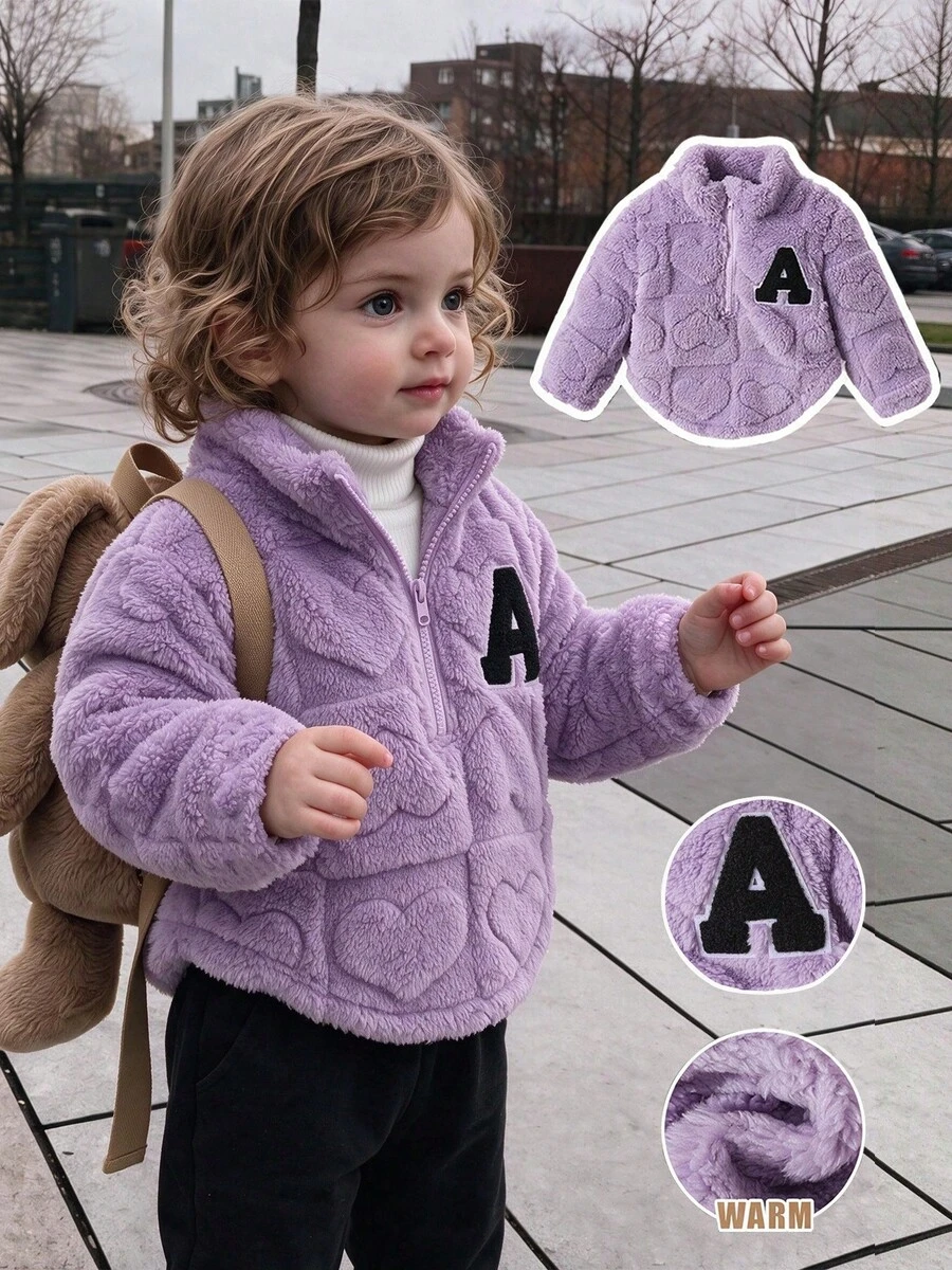 Toddler Girls Half-Zip Stand Collar Fleece Jacket, Heart Embossed Texture Letter A Applique Pullover, Comfortable Long Sleeve Casual Winter Set - Purple - View 1
