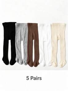 5 Pairs Vertical Stripe Baby Infant Solid Color Children Tights, Versatile Minimalist All-Match Colors, Baby Girl Toddler Tights - Multicolor - View 7