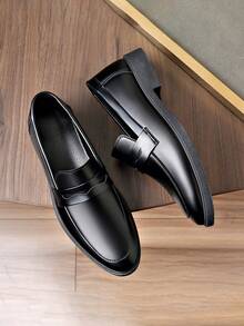 idocity Men's Soft Black Faux Leather Slip-On Loafers, Casual Business Pointed Toe Dress Shoes (Suggested To Order One Size Smaller) - Black - View 2