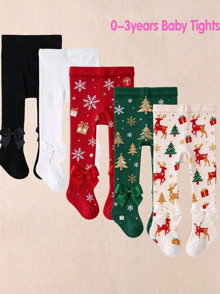 1pc Random Style Baby Girl Christmas Tights, Reindeer Snowflake Christmas Tree Print With Bow Decoration, Essential Winter Christmas Leggings For Toddlers - Multicolor - View 1