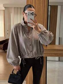 Women's Plaid Casual Versatile Everyday Long Sleeve Jacket - Coffee Brown - View 7