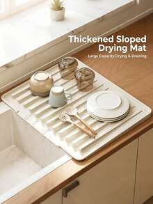 2/1pc Kitchen Dish Drying Mat, Large Capacity Non-Slip Drainer Tray With Drainage Hole Design, Thickened Countertop Water Collection Tray, Suitable For Plates, Cups And Food Preparation, Cream Style Sink Storage Organizer Rack, Kitchen Accessories - Multicolor - View 1