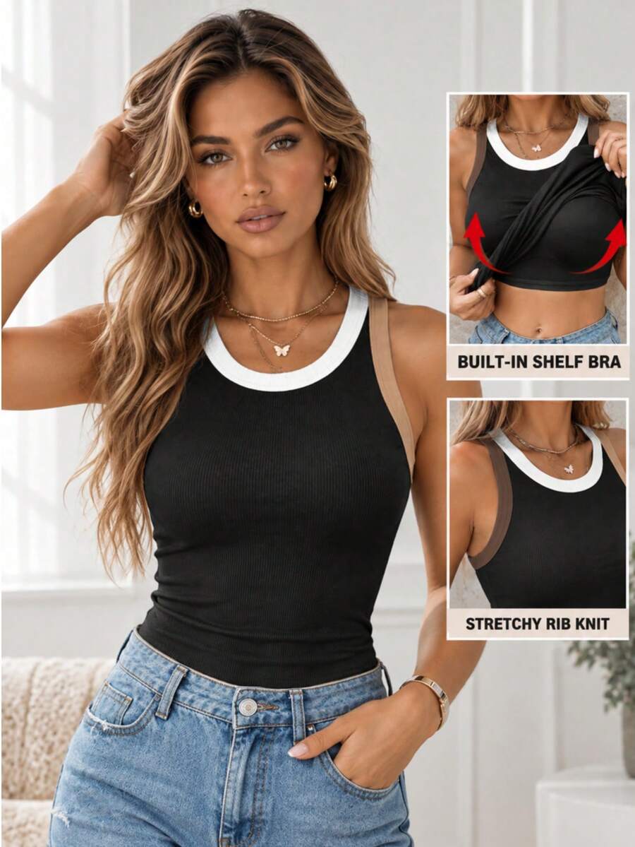 ChicMe Women Built In Bra Contrast Binding Tank Top Ribbed Knit Sleeveless Scoop Neck Slim Fit Shirt Casual Daily Streetwear - Black - View 1