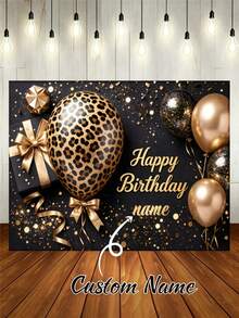 Customizable Name Black & Gold Leopard Print Balloon Happy Birthday Backdrop, Gold Glitter Sequin Gift Box Ribbon Pattern Decorative Design, Suitable For Birthday, Adult Party, Pajama Party, Fashion Ball And Other Party Background Decoration Photography Banner Vinyl - Black - View 2