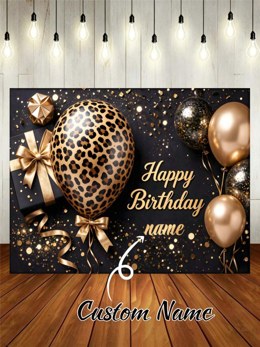 Customizable Name Black & Gold Leopard Print Balloon Happy Birthday Backdrop, Gold Glitter Sequin Gift Box Ribbon Pattern Decorative Design, Suitable For Birthday, Adult Party, Pajama Party, Fashion Ball And Other Party Background Decoration Photography Banner Vinyl