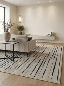 1PC Beige & Blue Abstract Vertical Stripe Pattern Bedroom Rug, Nordic Minimalist Wabi-Sabi Healing Faux Cashmere Rectangular Machine Washable Area Carpet, Suitable For Daily Home/Holiday Party/Spring Large Size Floor Mat, Aesthetic Home Decor - Multicolor - View 2