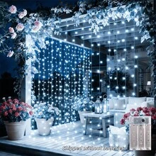 Christmas Ramadan Battery Box LED Waterfall Curtain String Lights Fairy Icicle Waterfall Lights, Available In 3M1M, 3M2M, 3M*3M Multiple Sizes, White Light 3000K, High Brightness LED Beads, Soft Light Not Glaring. AA Battery Box Powered (Batteries Not Included), Free From Outlet Limitations, No Wiring Flexible Placement. Built-In 8 Dynamic Lighting Modes, Flowing, Flashing, Constant On One-Key Switching - Battery-operated Curtain Lights - View 2