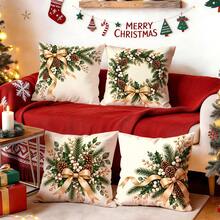 4pcs/1pc Christmas Holly & Pine Cone Pattern Pillow Case, No Insert, Single-Sided Printed Pillow Case, Suitable For Living Room, Bedroom, Home Decor, All Season Pillow Case - Multicolor - View 2