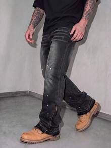Men's Retro Black & Grey Flared Jeans With Spray Paint Spotted Print, Side Zipper Hem And Frayed Cuffs, Street Casual Pants - Black - View 1