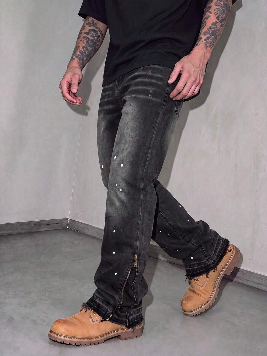 Men's Retro Black & Grey Flared Jeans With Spray Paint Spotted Print, Side Zipper Hem And Frayed Cuffs, Street Casual Pants - Black - View 1