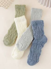 5 Pairs Random Unisex Fuzzy Solid Color Cable Knit Warm Mid-Calf Socks For Home Floor - Multicolor - View 2