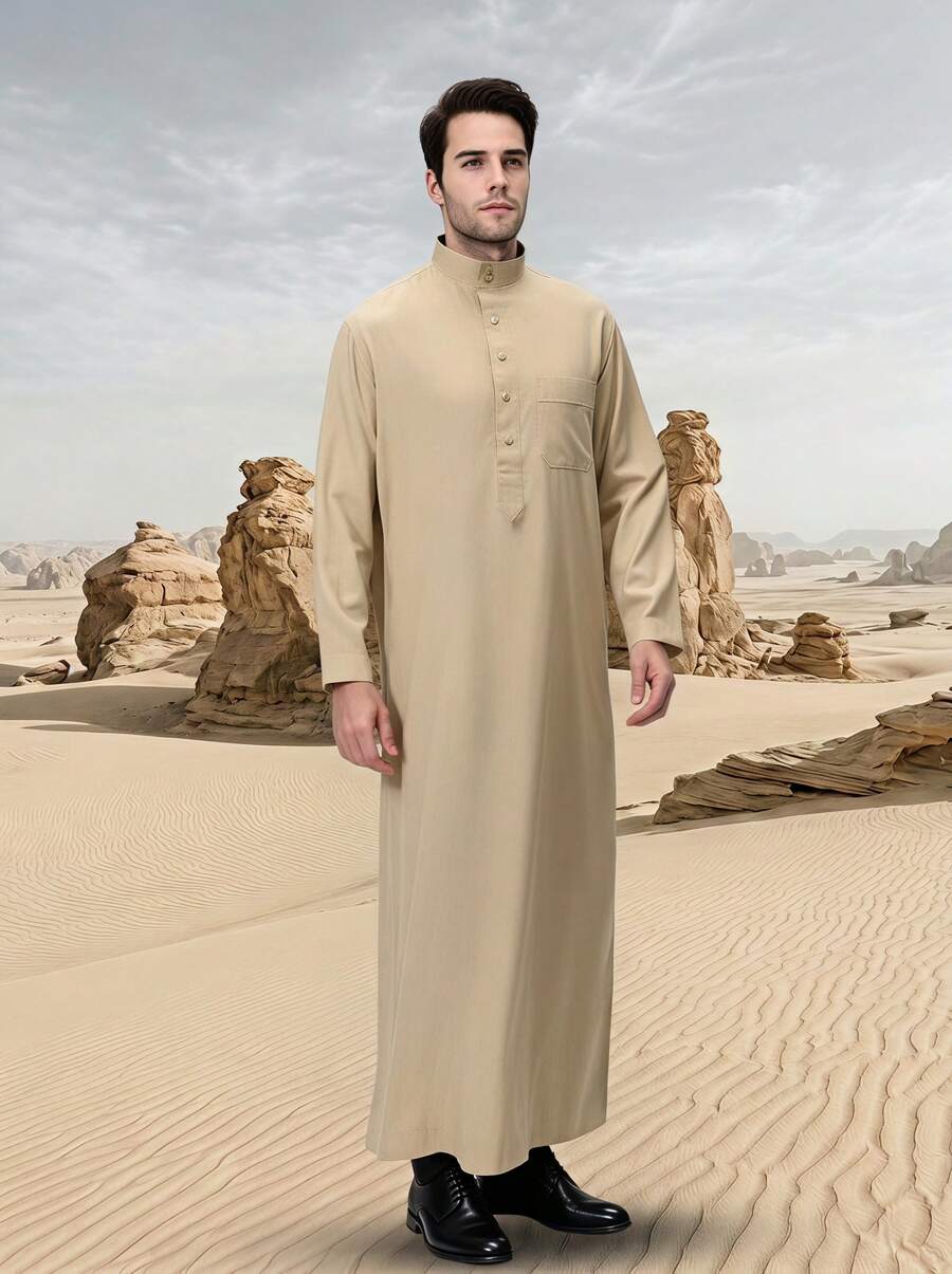 1PC Men's Traditional Middle Eastern Arabic Long Robe, Islamic Loose Fit Ramadan Men's Moroccan Traditional Casual Holiday Robe