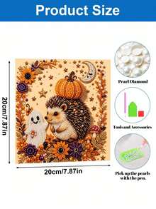 Framed DIY Pearl Painting Kit, Hedgehog & Ghost Pumpkin Fall Bead Art, Harvest Home Wall Decor - A - View 6