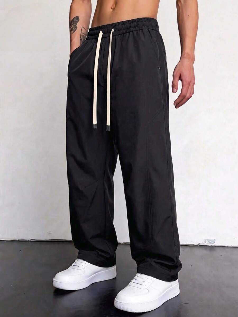 Blueprint Man 1pc Men's Black Wide Leg Long Pants, Elastic Waist With Adjustable Drawstring, Comfortable And Unrestricted, Side Pockets With Metal Rivet Detail, Solid Color Minimalist Style, Daily Commute, Casual Outings, Men's Long Pants - Black - View 1