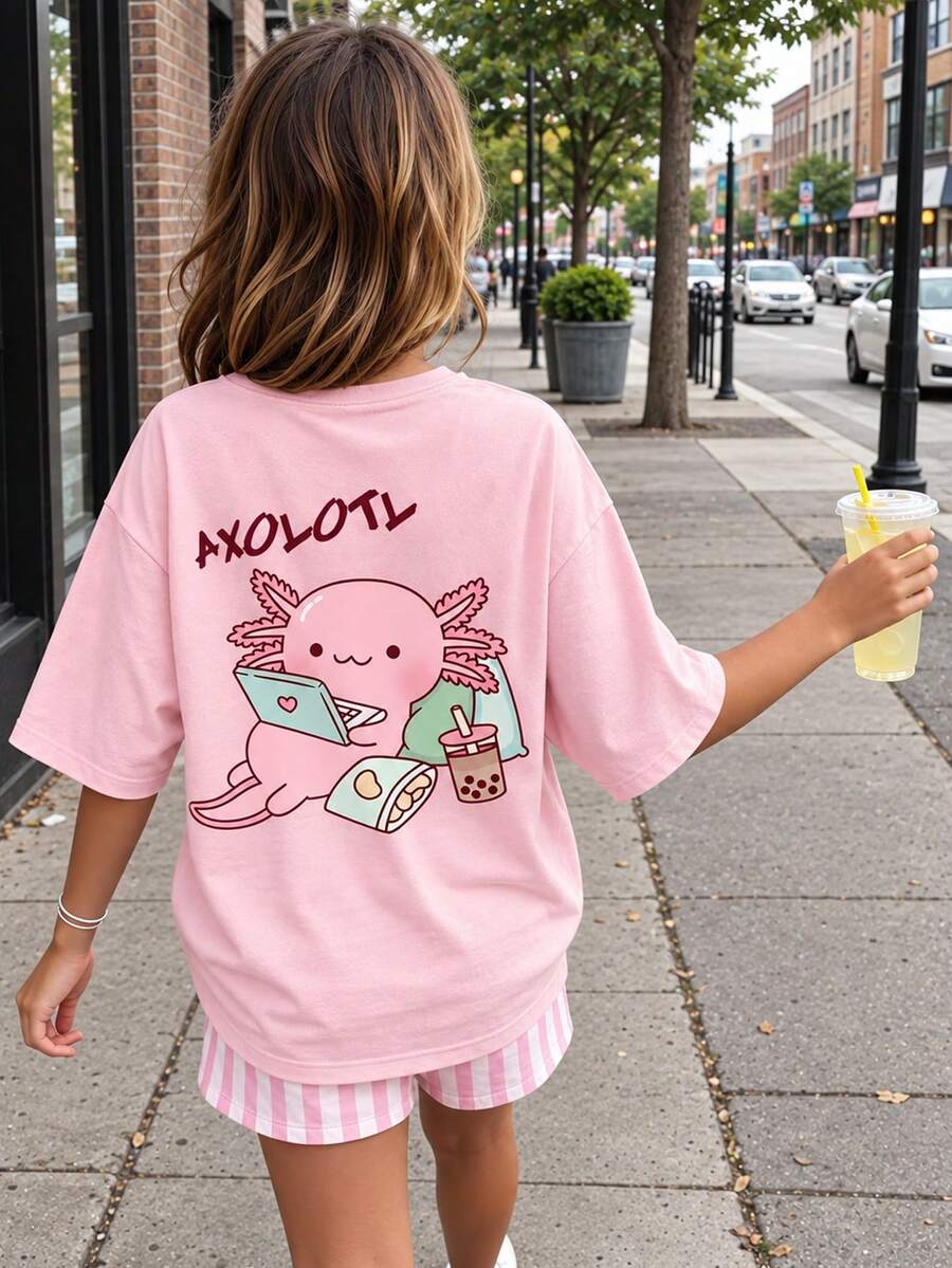 1 buah Kaos Pullover Lengan Pendek Motif Kartun untuk Anak Perempuan Remaja, Atasan Musim Panas yang Nyaman & Modis untuk Siswa - Berwarna merah muda - View 1