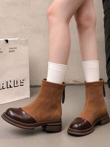 Women's Colorblock Round Toe Elastic Slim Fit Ankle Boots, Matte & Glossy Patchwork Thick Sole Ankle Boots With Back Zipper Chunky Heel, Retro Versatile Fashion Boots - Brown - View 5