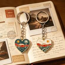 2pcs Landscape Heart Metal Keychain, Beach Car Coconut Tree Colorful Oil Drip Pendant, Car Key Holder Decoration Creative Small Gift - Heart - View 7