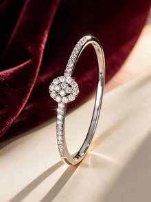 1pc Full Rhinestone Flower Buckle Open Bangle, Side-Set Rhinestone Design Wrist Accessory, Light Luxury Gift For Date And Evening Party - Bracelet - View 3