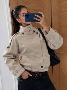 Women's Autumn/Winter Casual Solid Color Stand Collar Epaulette Short Jacket With Button Design, Elastic Hem, Long Sleeve, Short Trench Coat, Commute Casual Top - Khaki - View 1