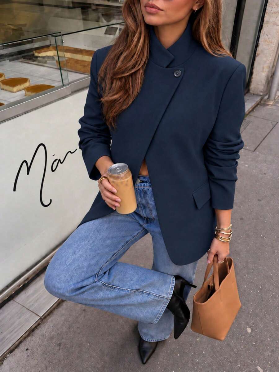 女款春秋冬季西裝外套,女式西裝夾克,優雅開襟不對稱設計休閒西裝,復古優雅,適合通勤穿著、辦公穿著 - 藏蓝色 - 查看 1