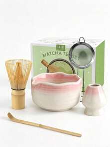 1/4/5/7pcs Japanese Matcha Tea Set, Includes Ceramic Matcha Bowl, Bamboo Whisk, Tea Scoop, Tea Sifter, Complete Tea Ceremony Set, Gift Box Packaging - Pink and White - View 14