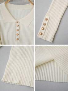 Women's Off-White Collared Knit Sweater, Elastic Ribbed Cinched Waist Fit, Gold Button Cuffs, Long Sleeve, Commute Style - Apricot - View 9