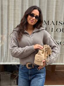Inbloom Women's Half-Zip Cable Knit Sweater, Collared Long Sleeve Pullover, Cozy Textured Loose Fit, Old Money Preppy Chic Fall Winter Top - Maroon - View 3