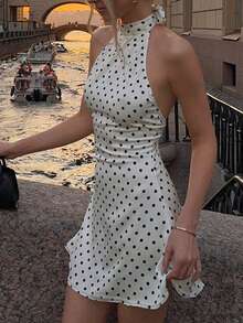2026春夏秋新款法式優雅復古波點立領掛脖蝴蝶結短洋裝，適合女性外出、約會、度假、返校、畢業、日常通勤、街頭風、派對、秋季穿搭、萬聖節、聖誕節 - 白色 - 查看 3