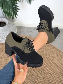 Women's Round Toe Thick Sole Lace-Up Chunky Heel Short Shoes, Dark Green Fashion Shoes, Suitable For Casual And Commuting Outfits - Dark Green - View 7