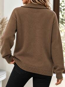Solid Color Knit Button Cardigan Sweater, Casual Elegant Versatile Commuter Style, Suitable For Holiday, Office, Daily, Date, Travel, Tea Party, Country Music Concert, Airport Outfit, Autumn/Winter - Coffee Brown - View 3