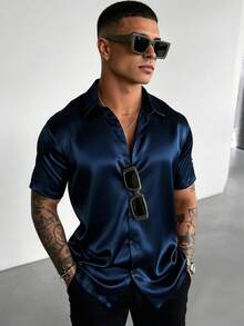 WAIT HIM Men's Summer Casual Solid Color Satin Short Sleeve Shirt - Navy Blue - View 1