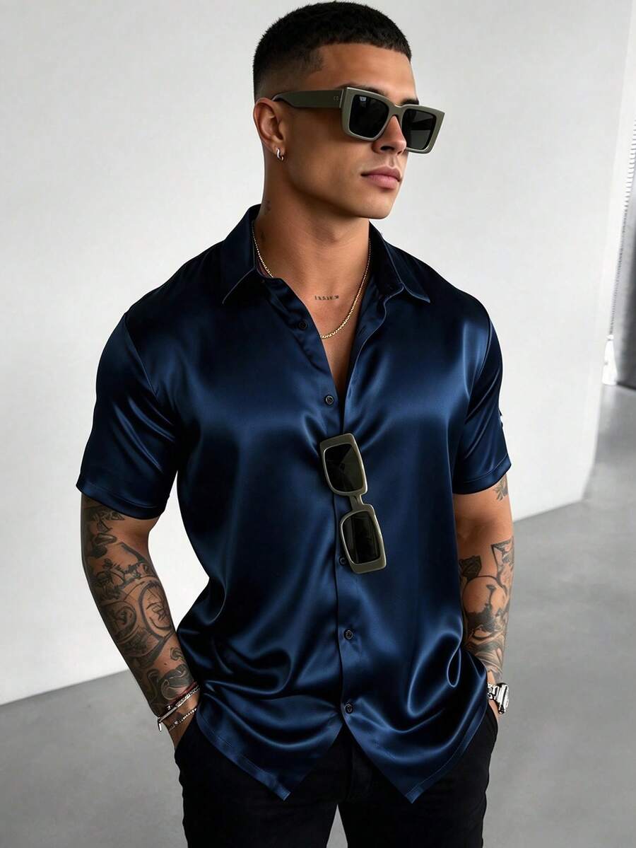 WAIT HIM Men's Summer Casual Solid Color Satin Short Sleeve Shirt - Navy Blue - View 1