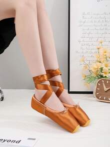Fashionable Wrap-Around Ribbon Women's Bronze Satin Ballet Pointe Shoes, Flat Dance Shoes With Rubber Sole For Indoor/Outdoor Sports, Toe Protection, Professional Ballroom Dance Performance, Comfortable And Lightweight - Bronze - View 2