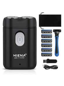 HIENA Men's Electric Shaver Set, Smooth Rotary Shaving, USB Lithium Battery Charging, Manual Razor With Multiple Replaceable Blades, Cleaning Brush, Ultra-Mini Body Suitable For Travel - Black - View 1