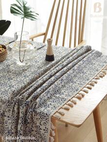 Bubaba 1pc Vintage Blue And White Porcelain Print Tablecloth With Beige Tassel Trim, Elegant Floral Scroll Pattern Rectangular Dining Tablecloth, Farmhouse Bohemian Style For Kitchen, Dining Room, Living Room, Party And Daily Use Table Decor - Multicolor - View 10