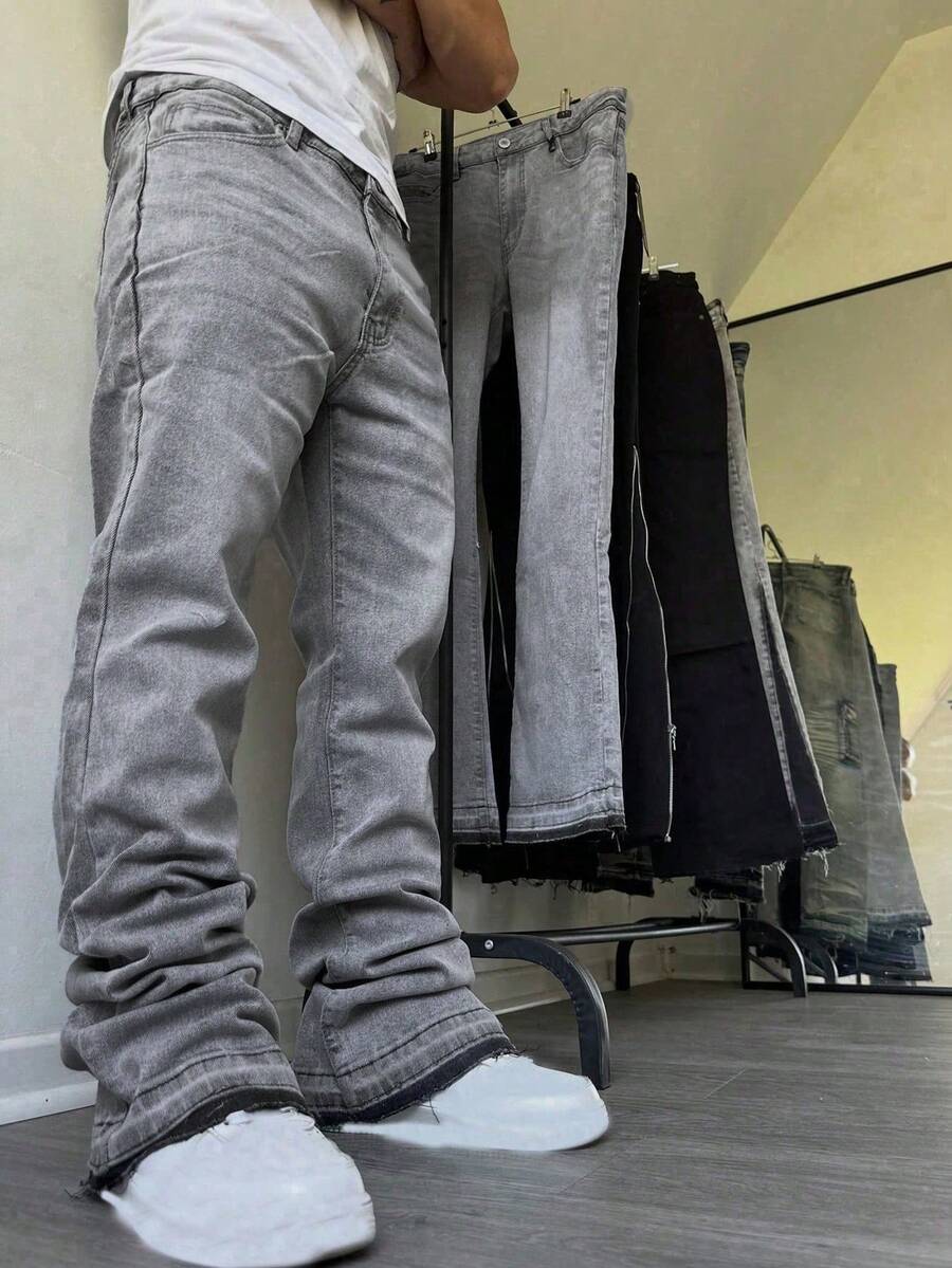 Vintage Light Blue Washed Denim Jeans, Distressed Frayed Hem Flared Leg Slimming Long Pants For Men, Street Style Casual Commute Flared Denim Long Pants, All-Season Versatile Denim Long Pants
