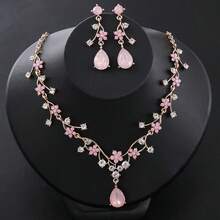 3 Pieces/Set Vintage Plum Set Purple Rhinestone Earrings And Necklace, Suitable For Brides Bridesmaids Wedding Dinner Dance Evening Gown Accessories - Baby Pink - View 6
