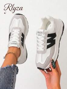 rlyza Fall/Winter Sporty Wedge Sneakers For Women, Colorblock Letter Patch Decor Lace-Up Front Sneakers - Multicolor - View 1
