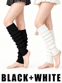 2 Pairs Women's Chunky Ribbed Knit Leg Warmers, Black And White Loose Boot Socks, Comfortable Cuffs, Suitable For Balletcore,Academia,And Street Style - Multicolor - View 2