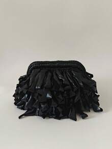 Tas Clutch Rajutan Rumbai Metalik Wanita, Tas Tangan Pegangan Atas Tenun Tangan dengan Rumbai Pita Mengkilap, Dompet Mini Elegan untuk Pesta Pernikahan dan Malam Hari - MultiWarna - View 13