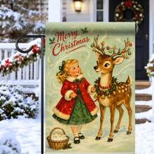 11.8 X 17.7 Inch 2D Flat Polyester Garden Flag, Single-Sided Printed Decorative Flag, Vintage Little Girl & Reindeer Merry Christmas Theme, Suitable For Garden, Porch, Balcony, Yard, Winter Outdoor Decor, Nostalgic Style Welcome Hanging Flag, Flag Pole Not Included - A - View 3