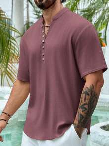 Men's Short Sleeve Henley Shirt, Summer Deep V-Neck, Loose Fit, Multi-Button, Mature Minimalist Style, Suitable For Casual And Vacation - Red - View 6