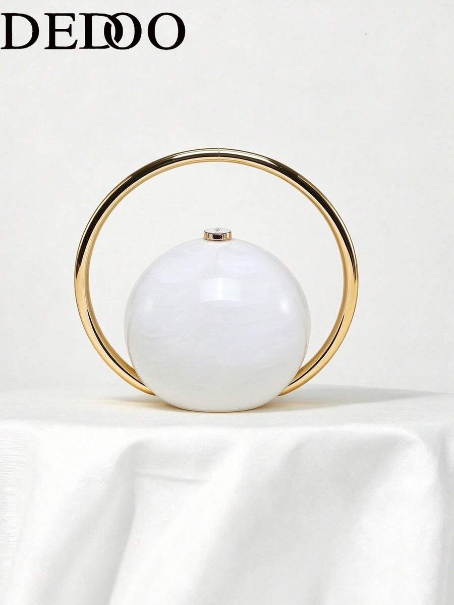 Women's Evening Clutch, Round Sphere Shape, Marble Texture, Acrylic Material, Large Gold Metal Ring Handle, Suitable For Weddings, Balls, Parties, Banquets - White - View 1