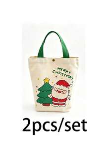 2pcs Christmas Printed Tote Handbag Bag, Santa Claus & Christmas Tree & Gingerbread Man Print Handbag, Reusable Snap Button Shopping Bag, Holiday Gift Bag, Women Daily Shoulder Handbag - Multicolor - View 14