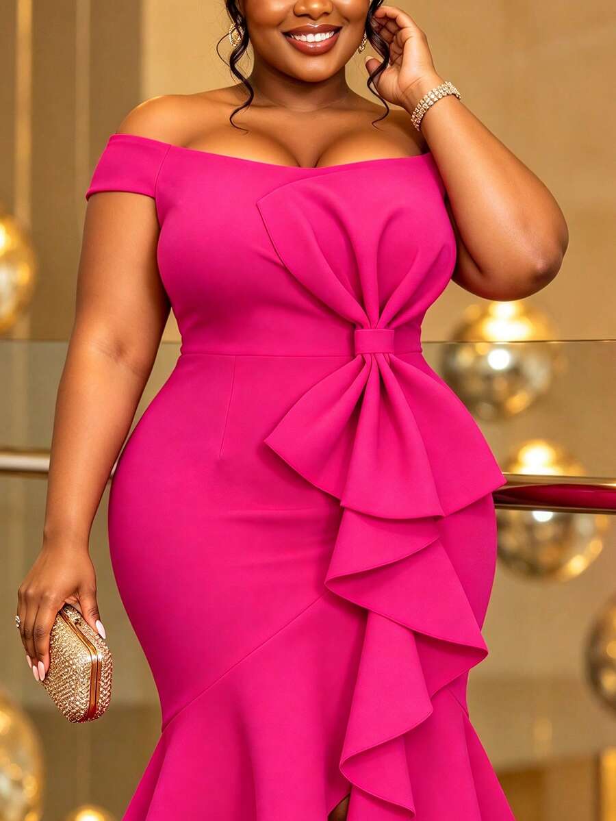 Plus Size Fuchsia Cold Shoulder Fitted Mermaid Midi Dress, Large Bow Asymmetric Ruffle Hem, Elegant Wedding Guest Evening Formal Gown - Hot Pink - View 1