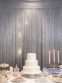 1 Piece 1*2m Luxurious Shiny Silver Silk Door Curtain - Shiny Wedding Fringe Ceiling Hanging Decoration With Linear Partition Design - Elegant Wedding Backdrop, Soft Drape, Room And Home Decoration, Easy To Install - Silver - View 8