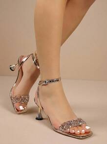 Amorya Women's Sequin Ankle Strap Sandals,Transparent Crystal Block Heel Open Toe High Heels,Adjustable Buckle Mid Heel Dress Sandals - Gold - View 1