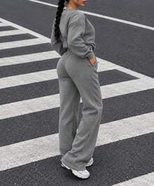 Conjunto Deportivo Mujer 2 Piezas, Sudadera Holgada Cuello Redondo Manga Larga y Pantalón Amplio Cintura Elástica, Estampado California, Ropa Casual Cómoda para Invierno y Uso Diario - Gris - Ver 2