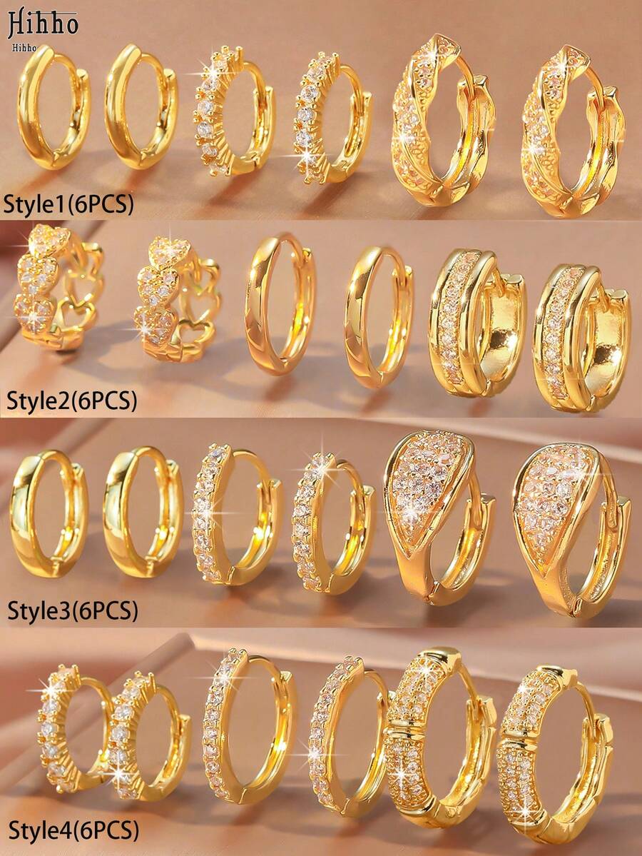 Hihho 6pcs European And American High-End Design Ear Cuff Earrings, Classic Vintage Zirconia Earrings Set, Light Luxury Minimalist Earrings, Suitable For Daily Layering And Single Wear, Best Gift For Friends - Yellow Gold - View 1